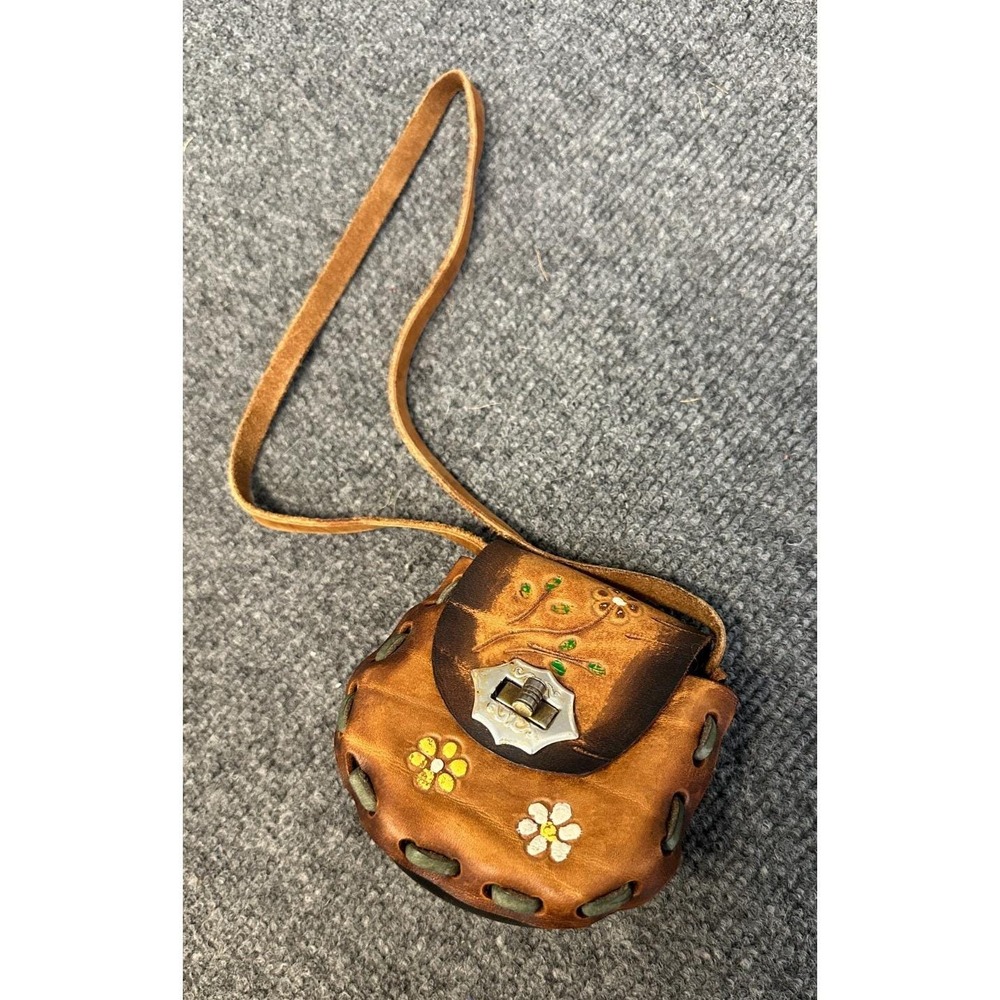Mexican Leather Crossbody Bag Mini Brown Floral Daisy Tooled Boho Painted Native
